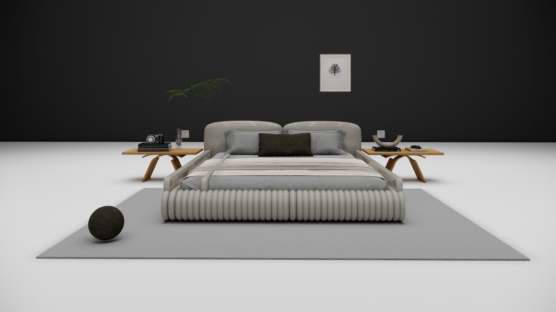 Milo bed wood side table with camera and books, styled detail