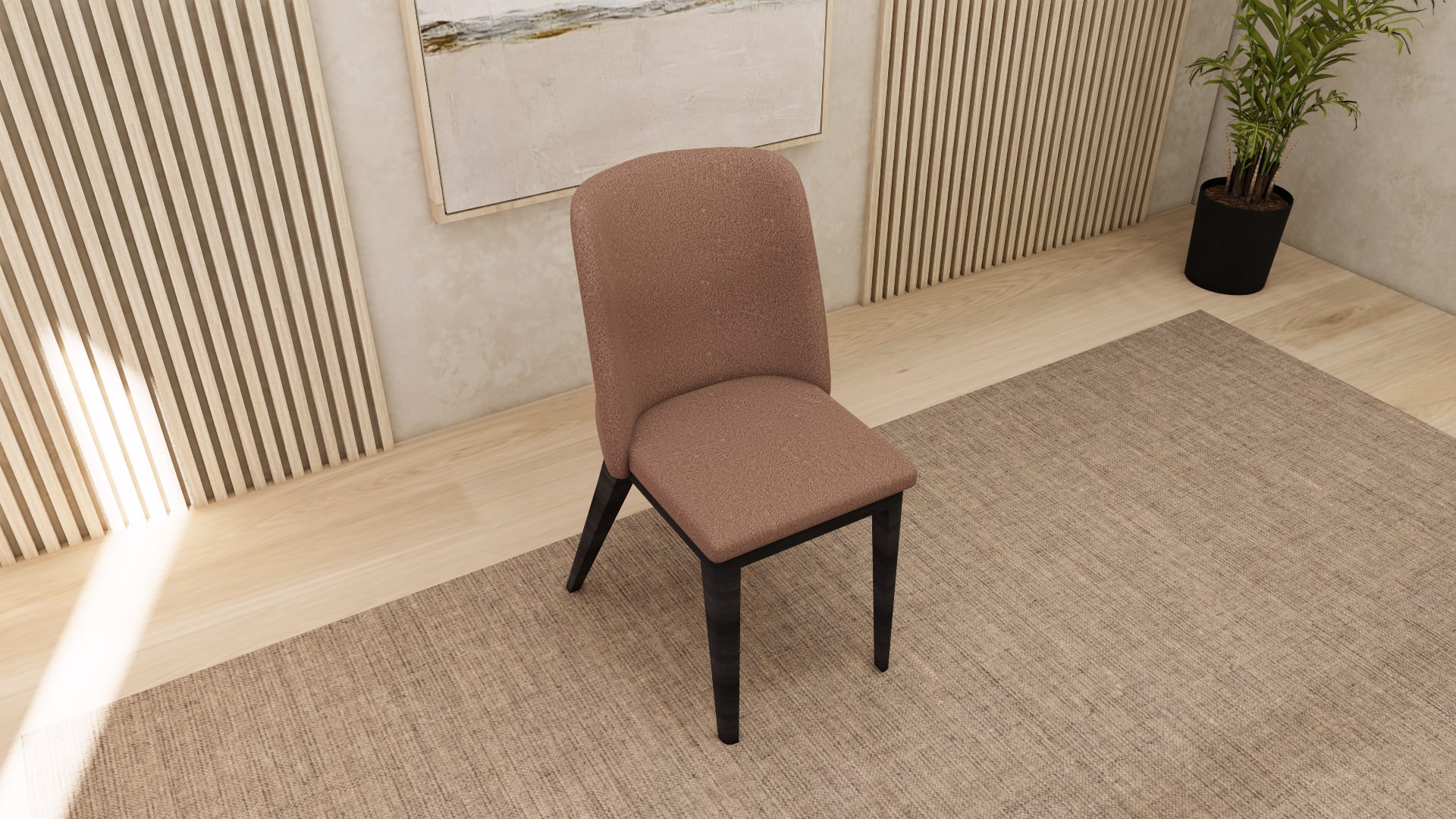 Dompa dining chair 3D model, close view of curved back and padded seat