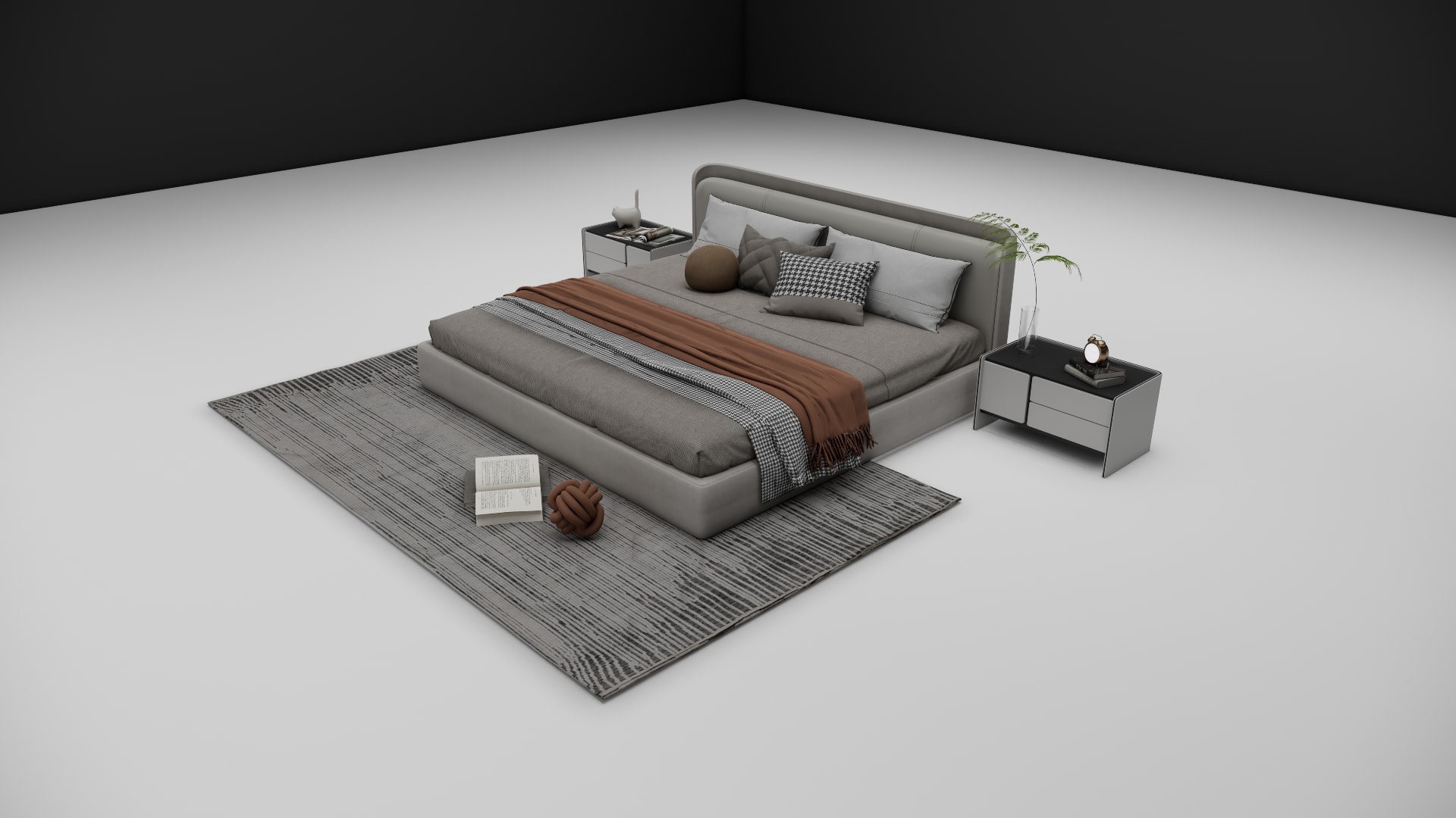 Sable low platform bed with layered gray bedding and rust throw at the foot