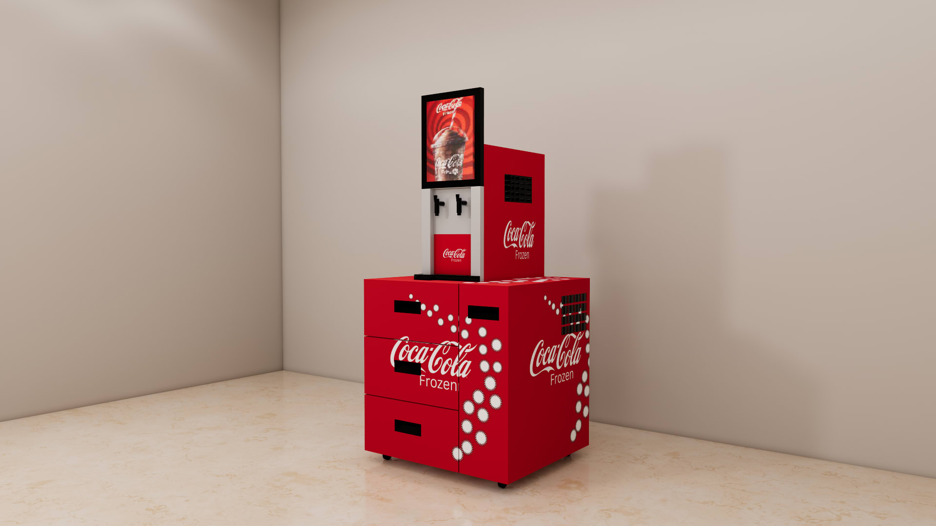 Three quarter view of a red cabinet frozen beverage dispenser with two taps, lit screen and ventilated side ho