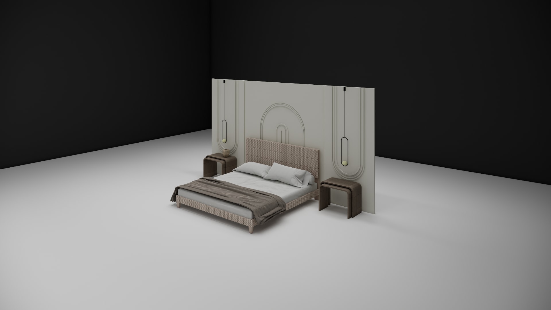 Wall panel headboard bed with capsule pendant lights, front view