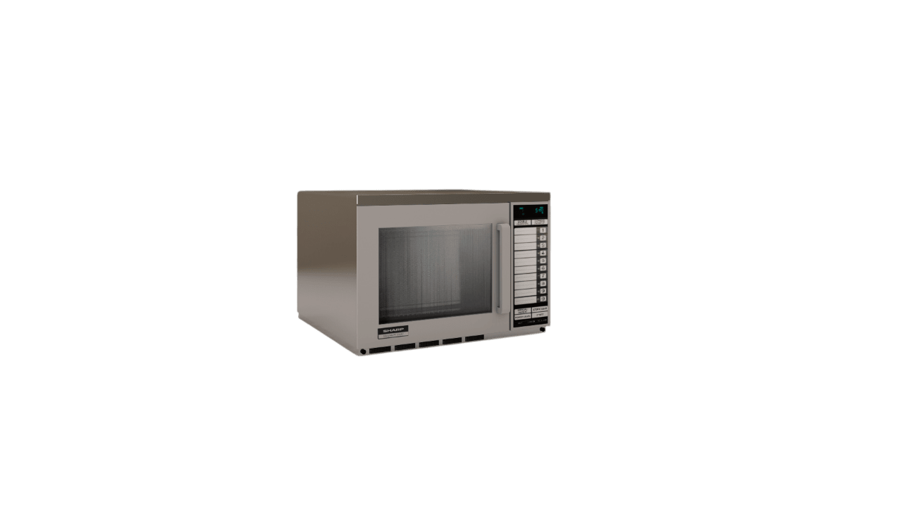 Sharp R24AT microwave oven 3D model, view of the tall door handle, front vent slots, and round feet