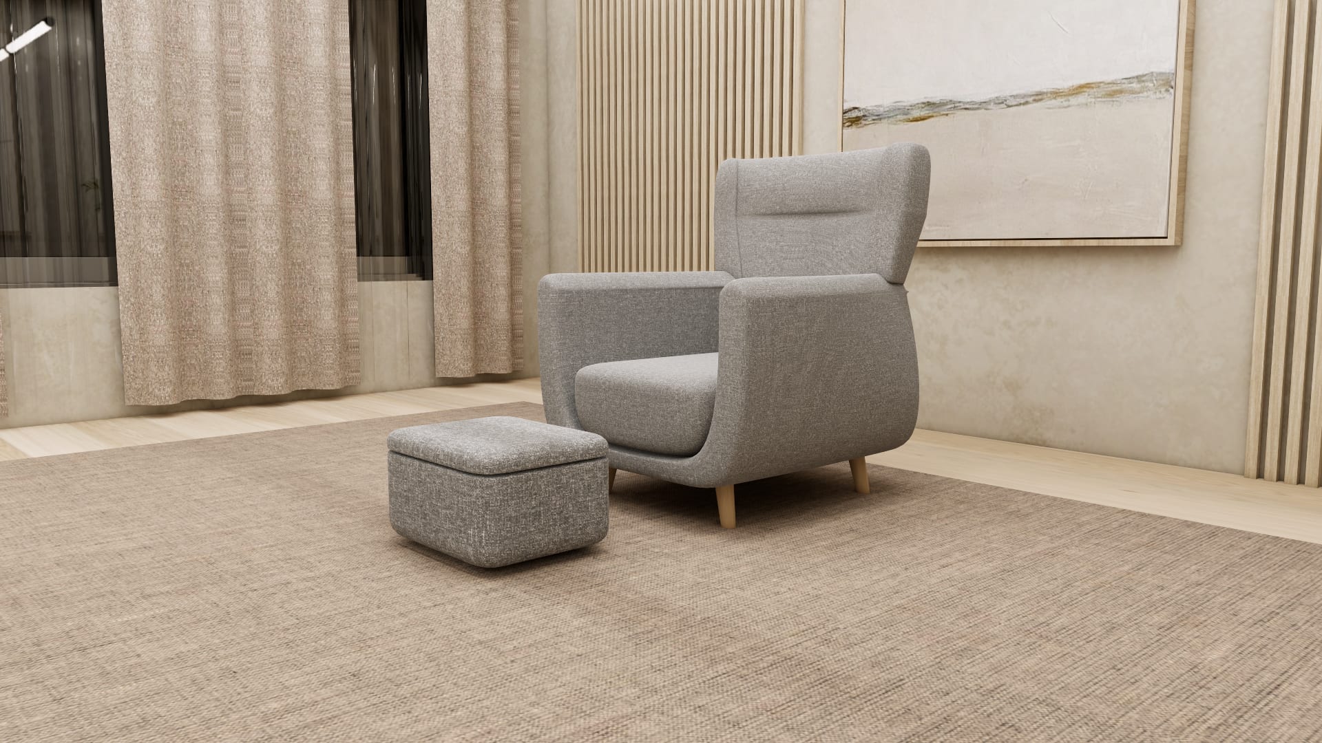 OSKARSHAMN wing chair and footstool SketchUp model, room view of tall winged back and curved arms