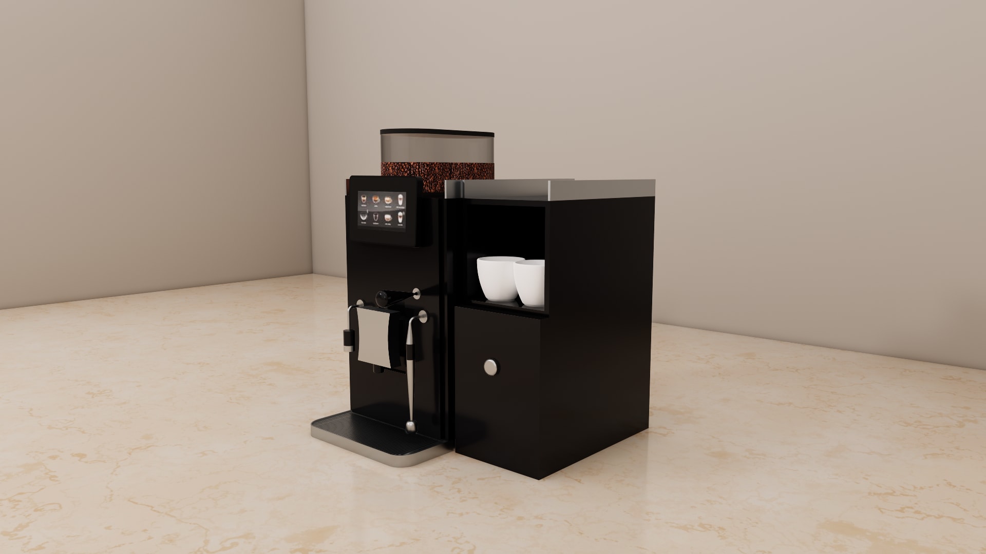 Bean to cup coffee machine SketchUp model, close view of the touchscreen, central outlet panel, and steam wands