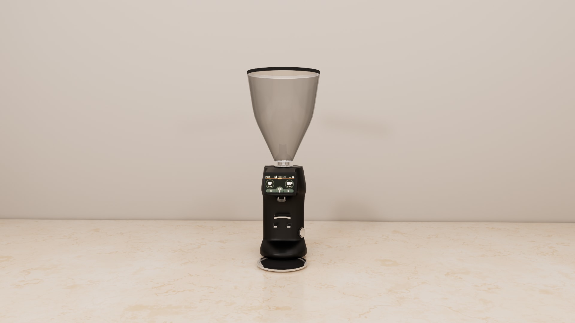 Close up of the touchscreen, portafilter fork and chrome dial on a matte black on demand coffee grinder