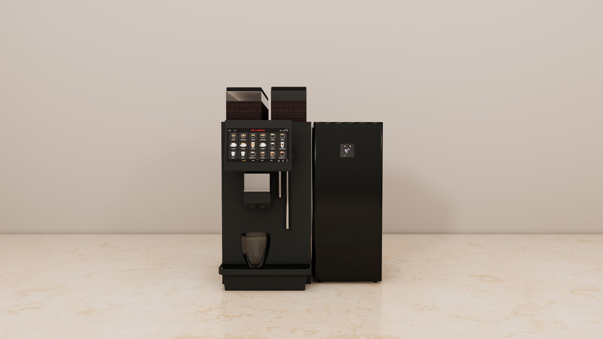 Front view of a black automatic coffee machine with touch screen, two hoppers, glass cup and separate black mi