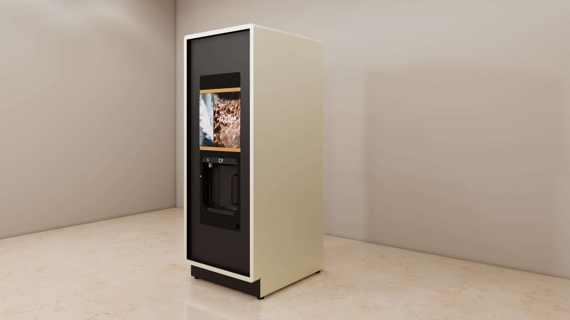 Hot drink vending machine SketchUp model, close view of the water tap and cup window in the recessed dispensing bay