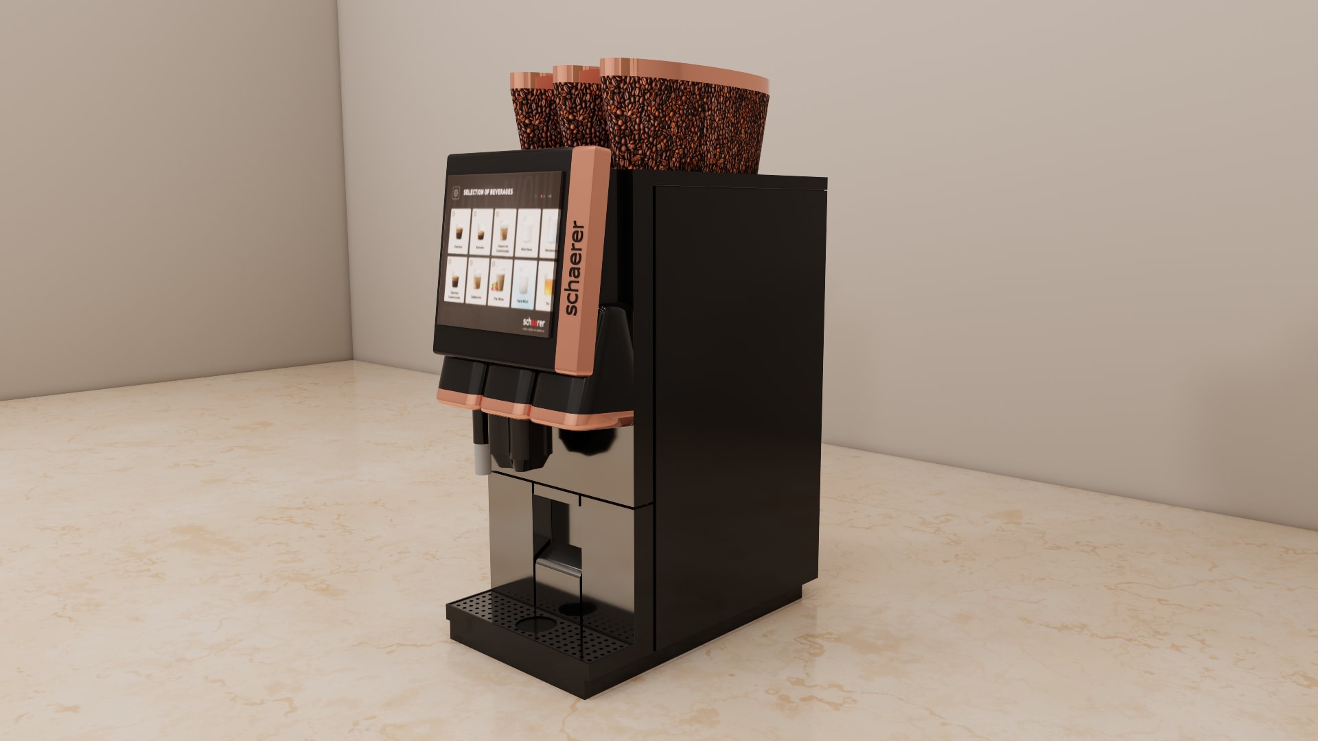 Coffee machine 3D model, detail of the three hoppers with copper lids, dispensing area, and drip tray with grate