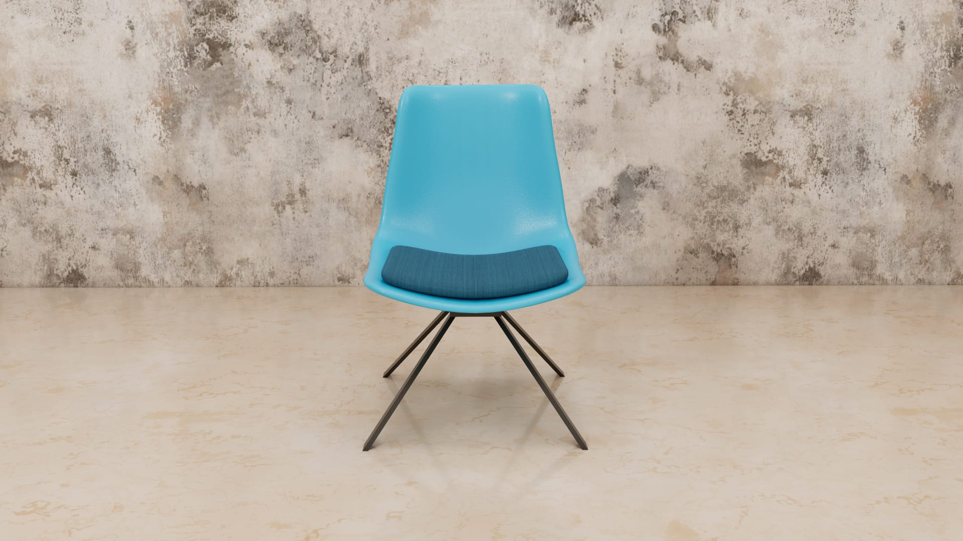 Tulip blue shell chair SketchUp model on a marble floor, front view of curved back and seat pad