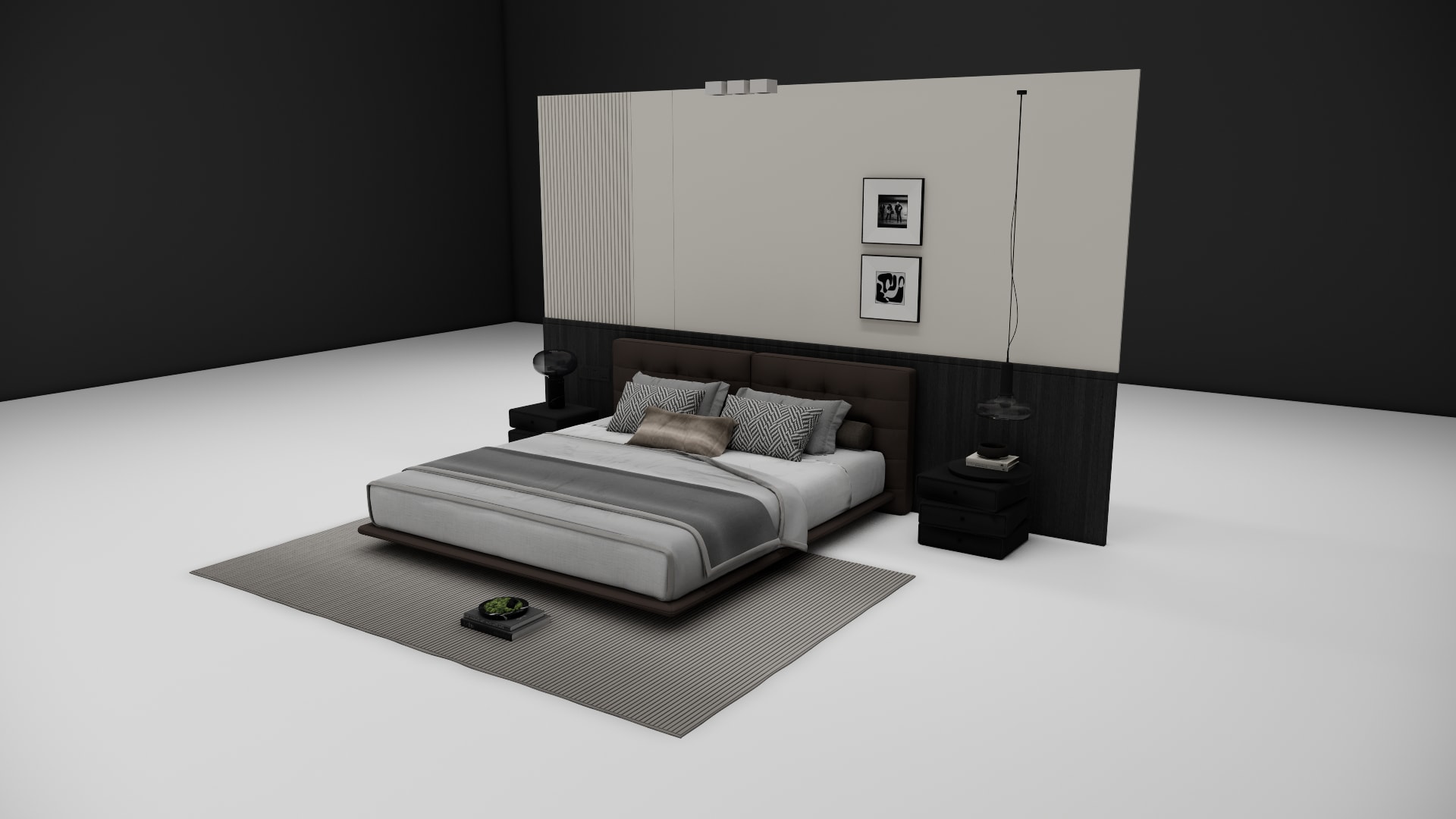 Draper dark walnut floating bed frame with layered gray and white bedding
