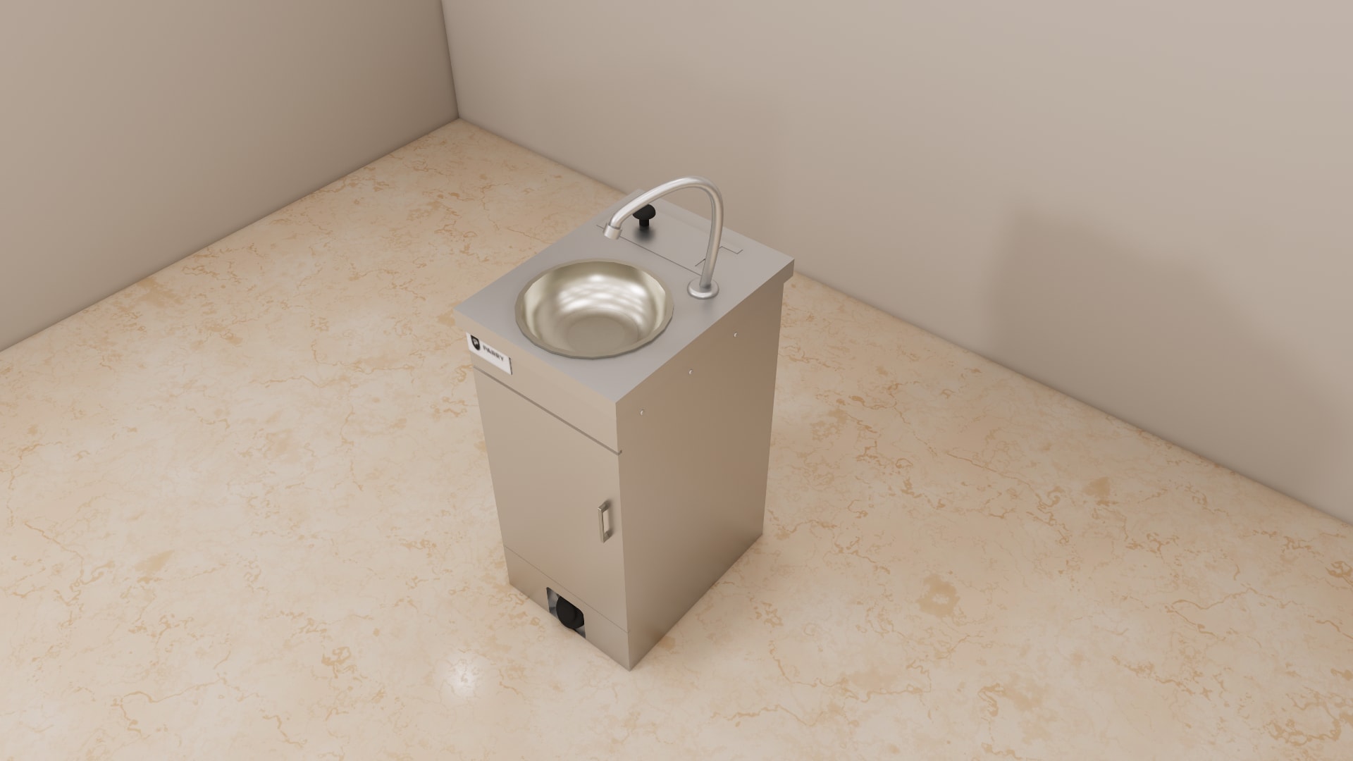Mobile hand wash basin 3D model, view of the front foot pedal on a tall stainless steel cabinet