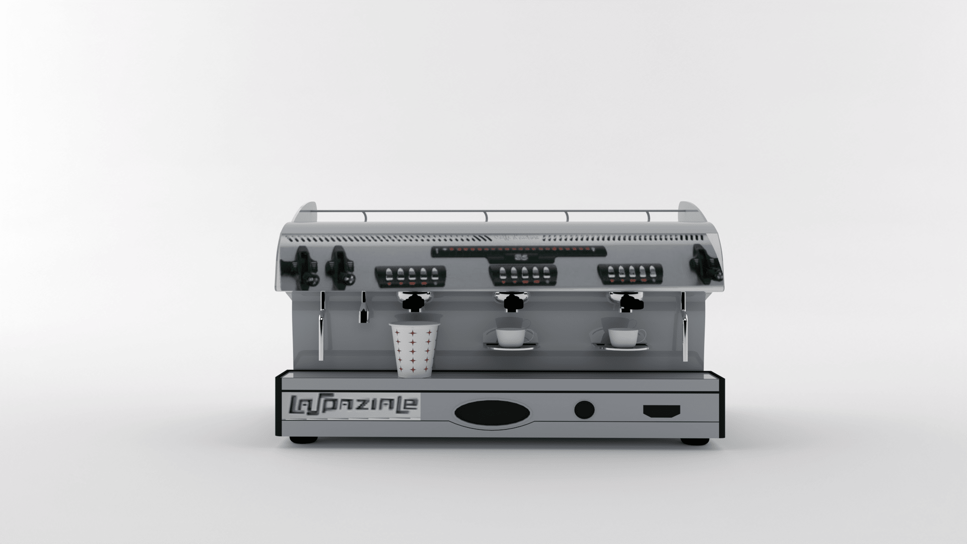 Commercial espresso machine SketchUp model, close view of two groups, black portafilters, and button panels