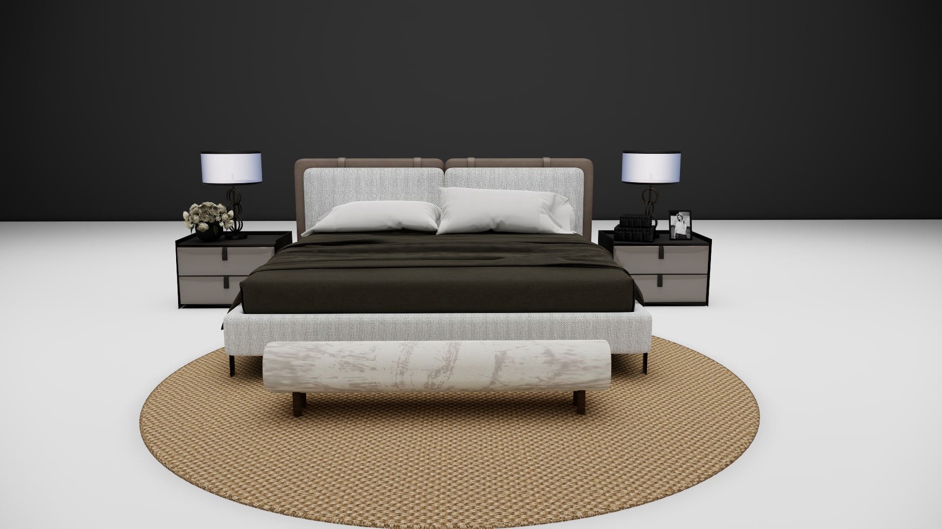Weston boucle headboard with dark walnut side panels and olive green throw