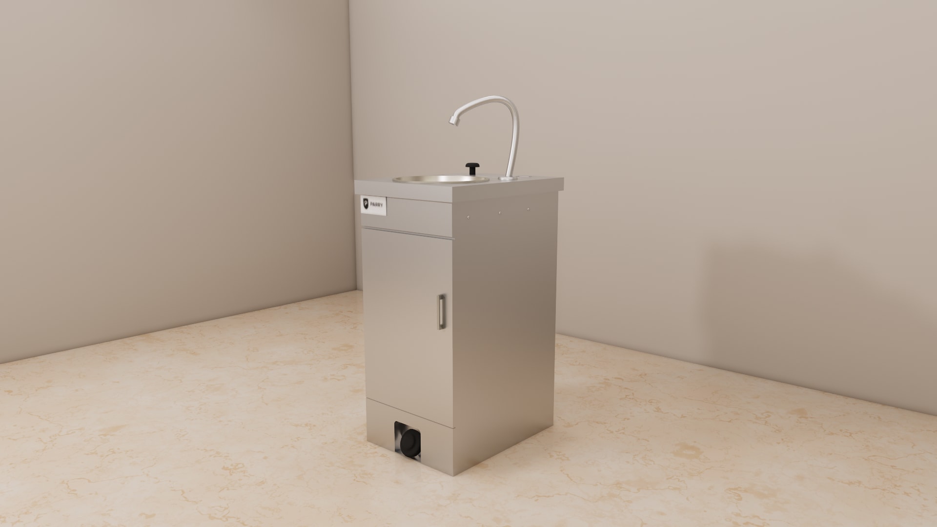 Stainless steel hand wash basin SketchUp model, close view of the round bowl, curved tap, and top left badge