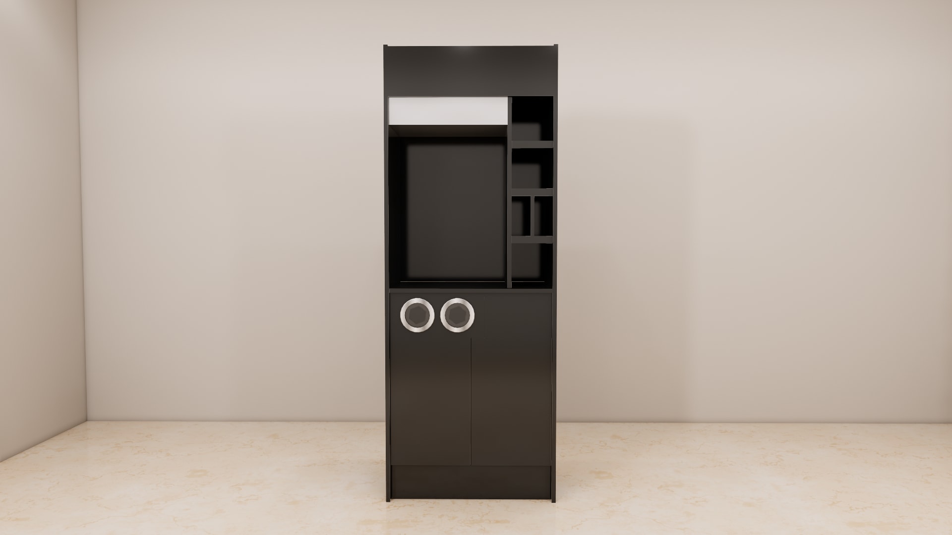 Close up of the two round chrome ring handles on the lower doors of a black coffee station cabinet