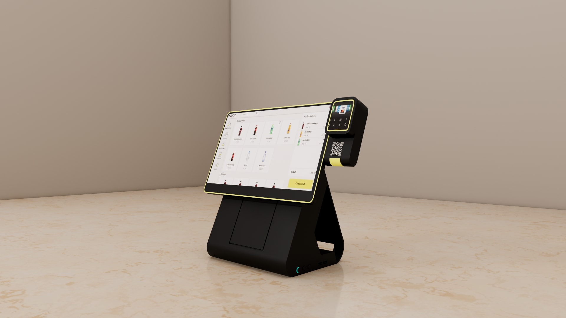 Self service kiosk machine SketchUp model, close view of the touchscreen menu, basket list and yellow checkout button