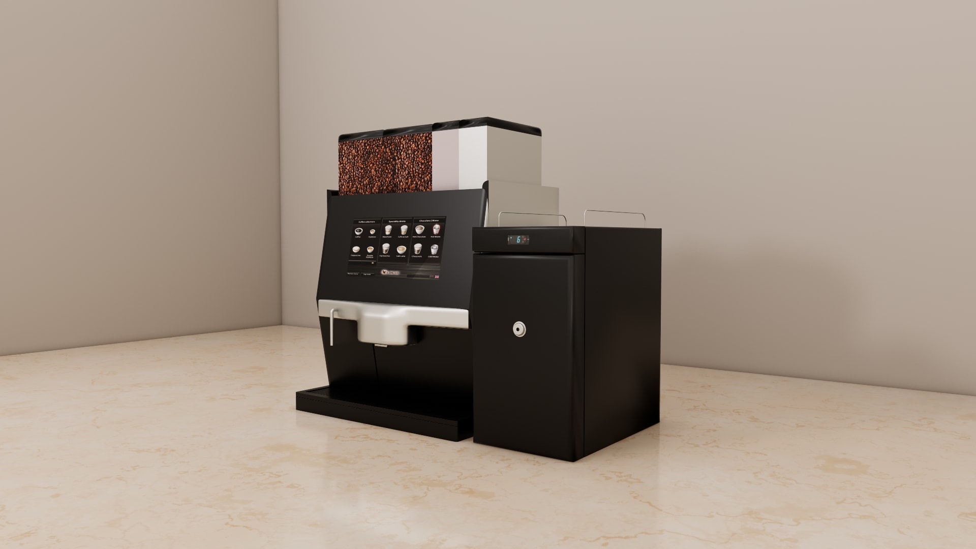 Nio coffee machine SketchUp model, close view of the drink menu screen, chrome dispensing head and grated cup tray