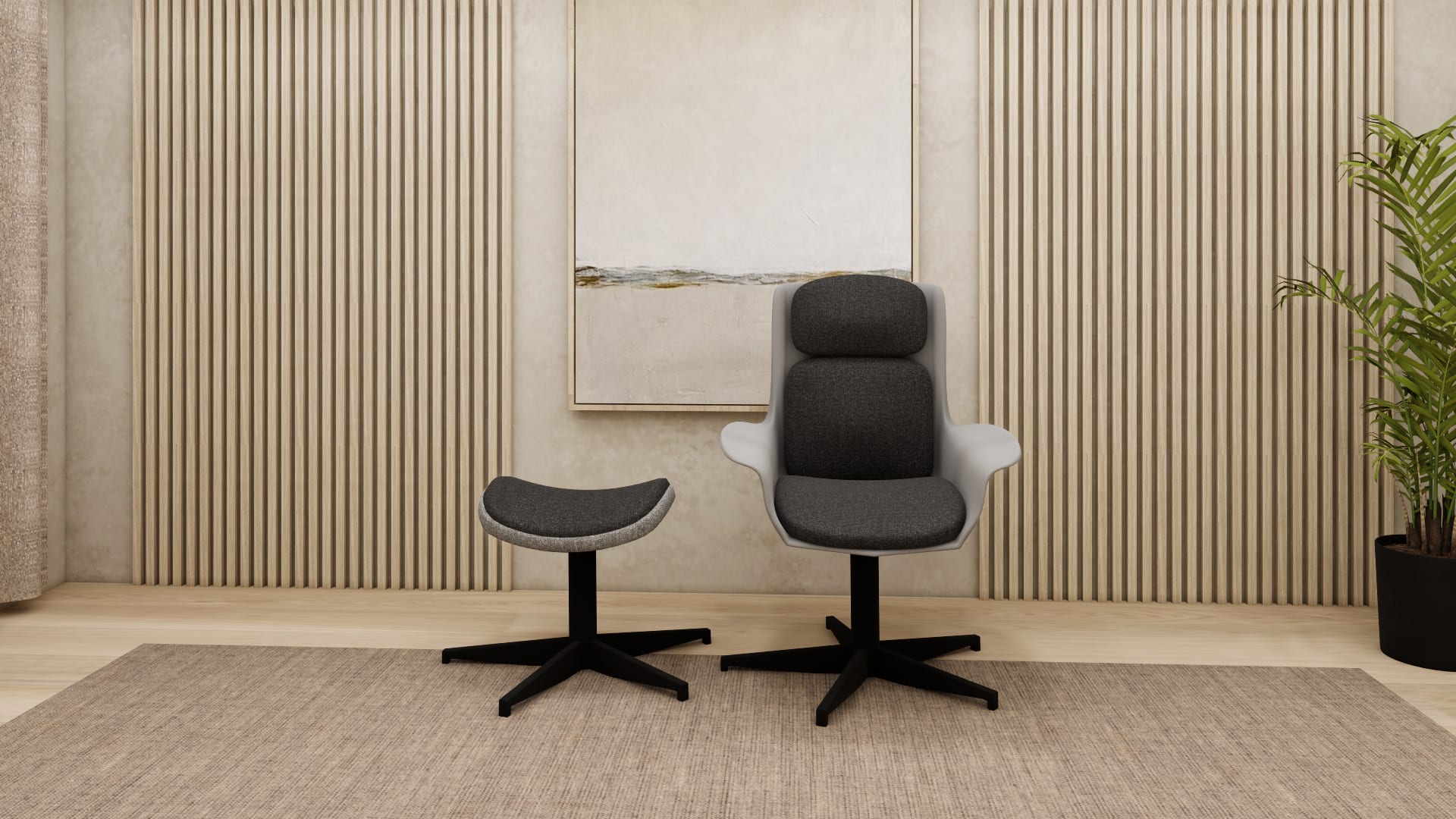 ÄLEBY swivel armchair and ottoman set SketchUp model, front view with grey shell and charcoal cushions