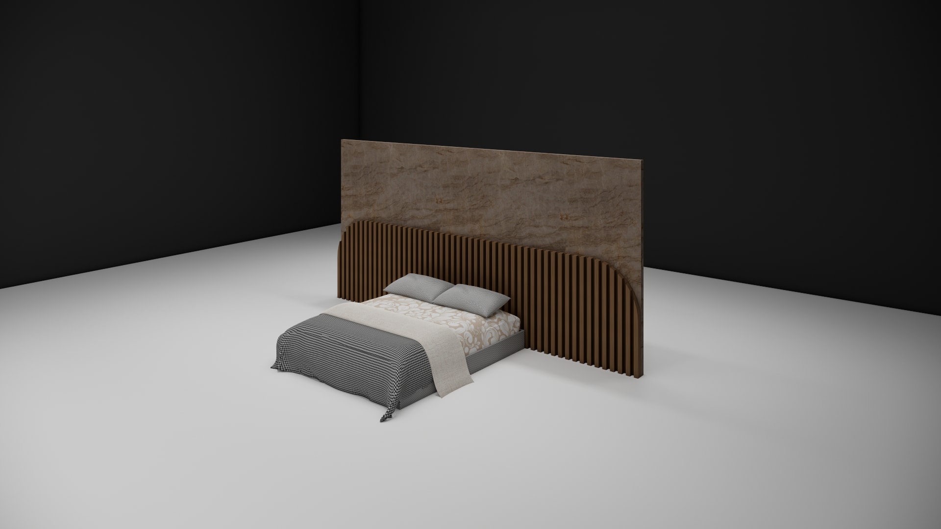 Wood panel bed 3D model with wooden backpanel and block headboard panel, three quarter angle