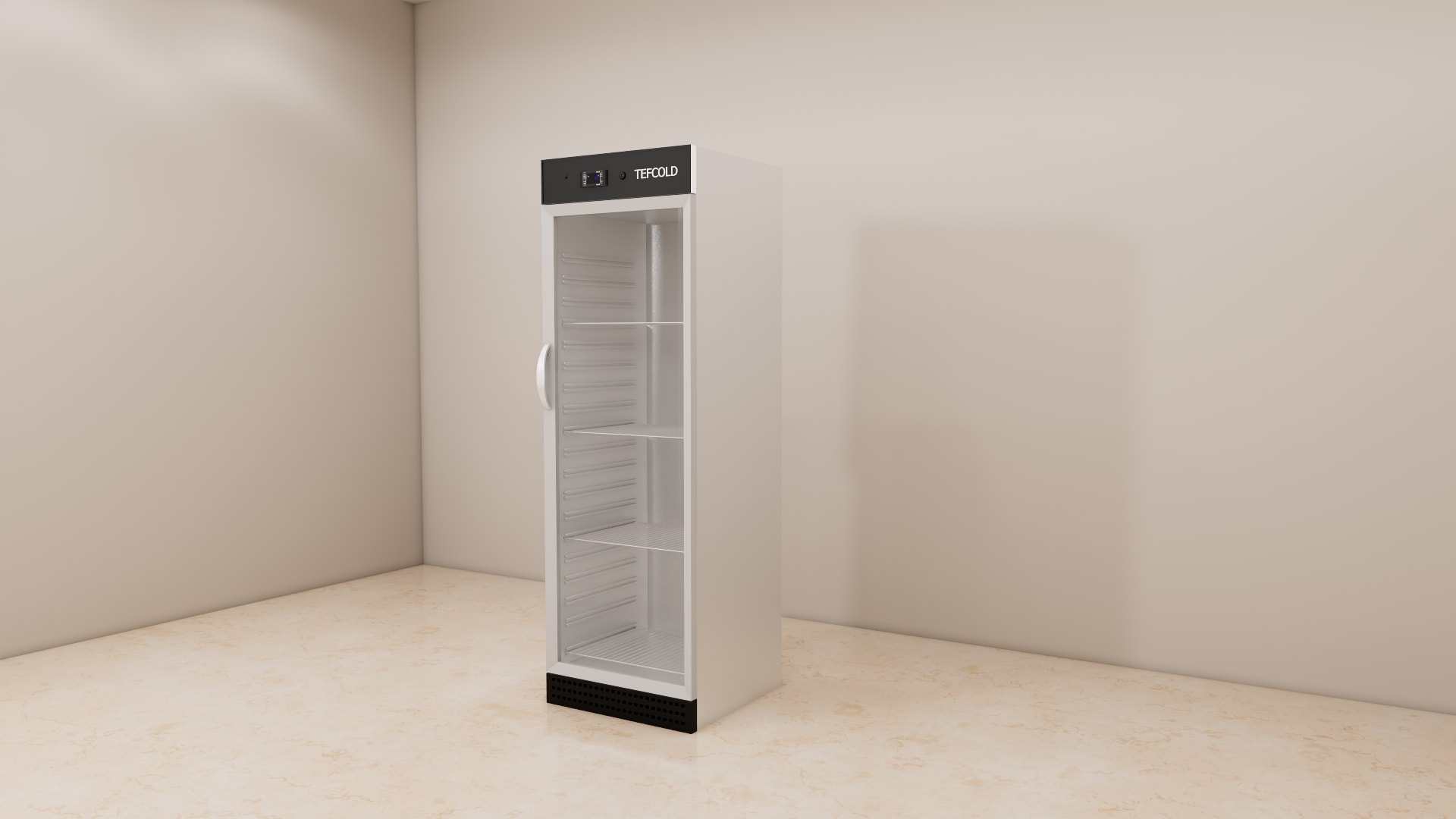 Tefcold UR400G glass front refrigerator SketchUp model, close view of door handle and top display panel