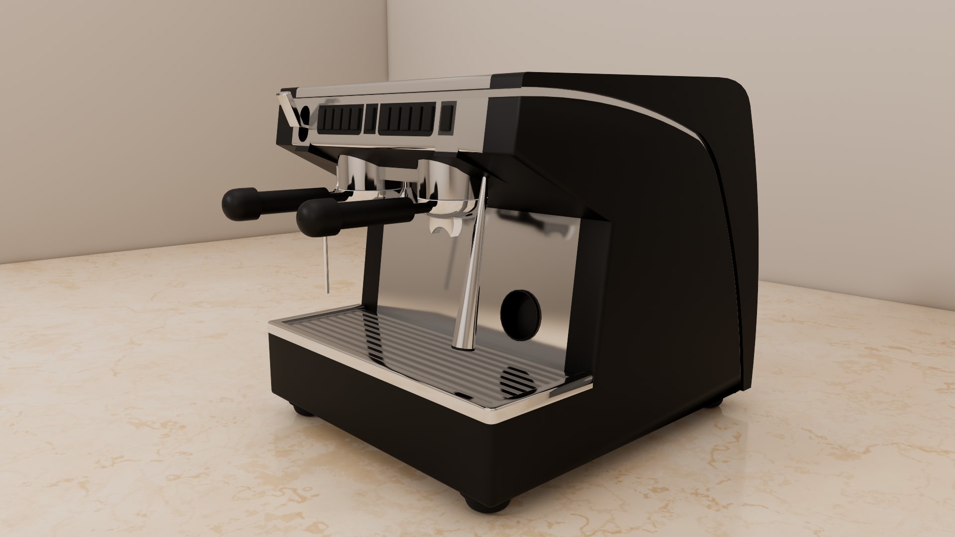 Appia espresso machine SketchUp model, close view of raised group heads, black portafilters, and button panels