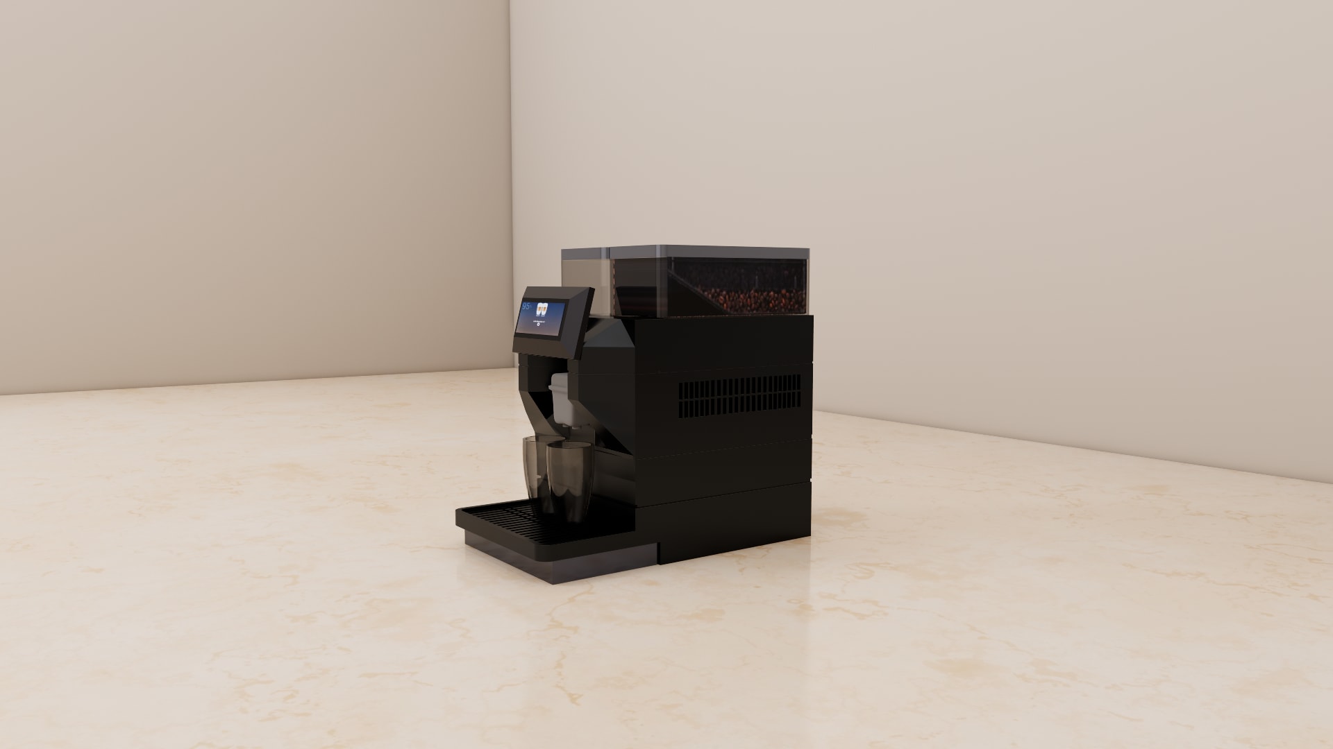 Two cup coffee machine SketchUp model, close view of the nozzle housing and two glass cups on the grate tray