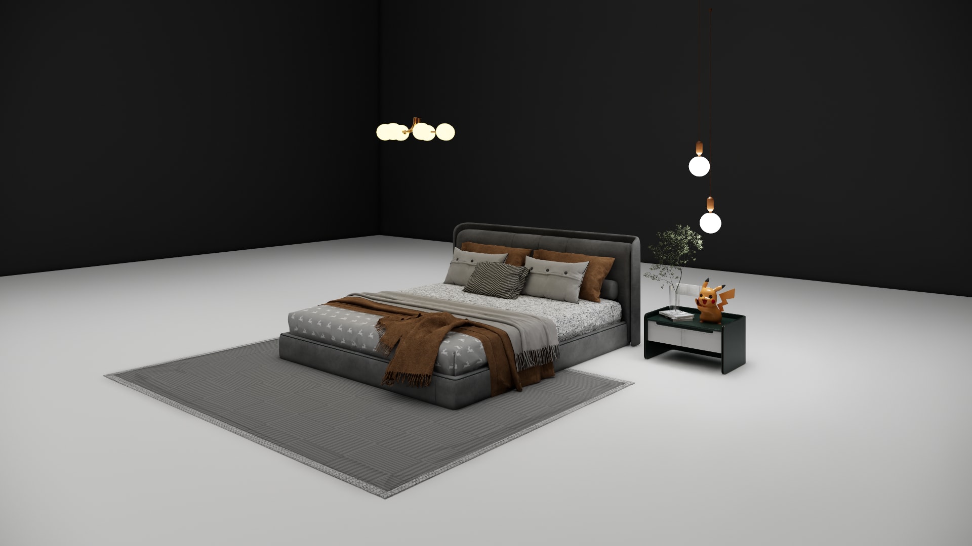 Harlow bed with brown throw blanket and layered pillows, side view
