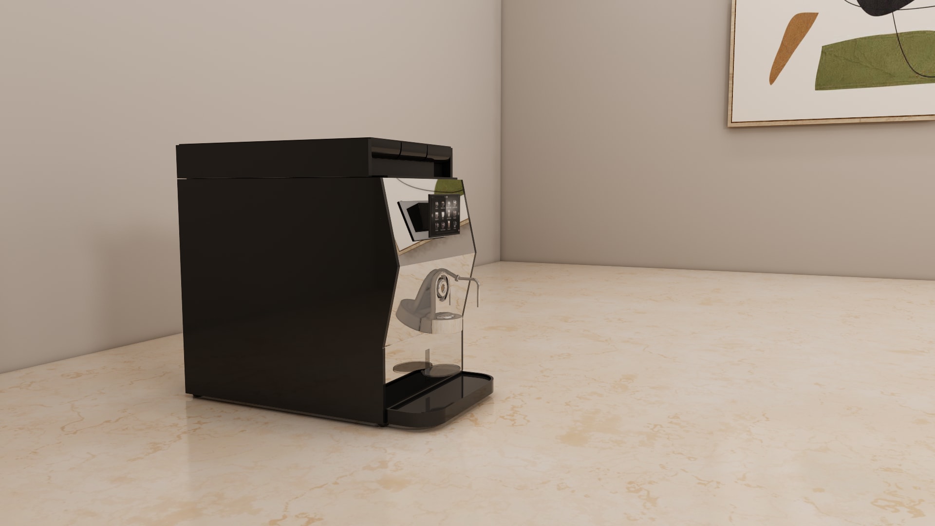 Close up of the chrome brew head, cup rest and steam wand on a black automatic coffee machine
