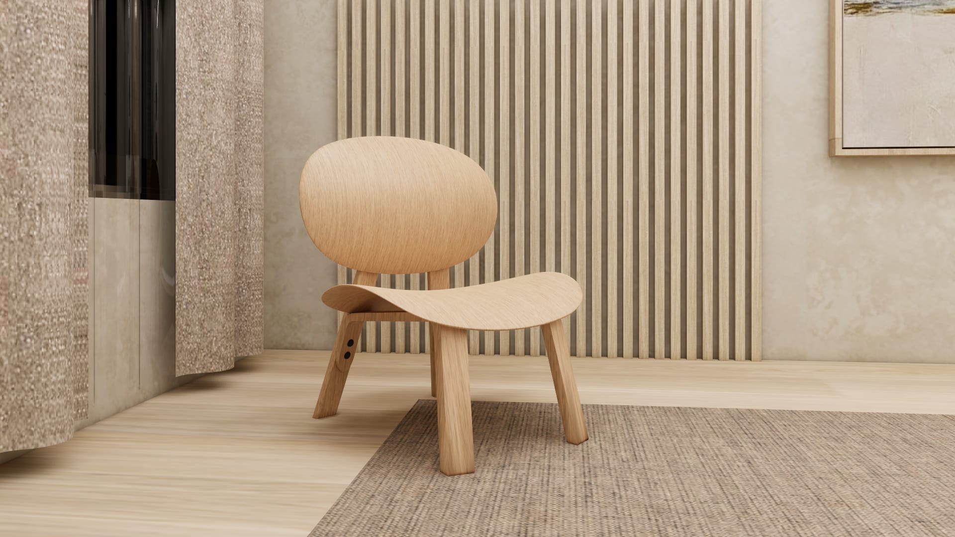 FRÖSET wooden lounge chair SketchUp model, front view of curved seat and round back