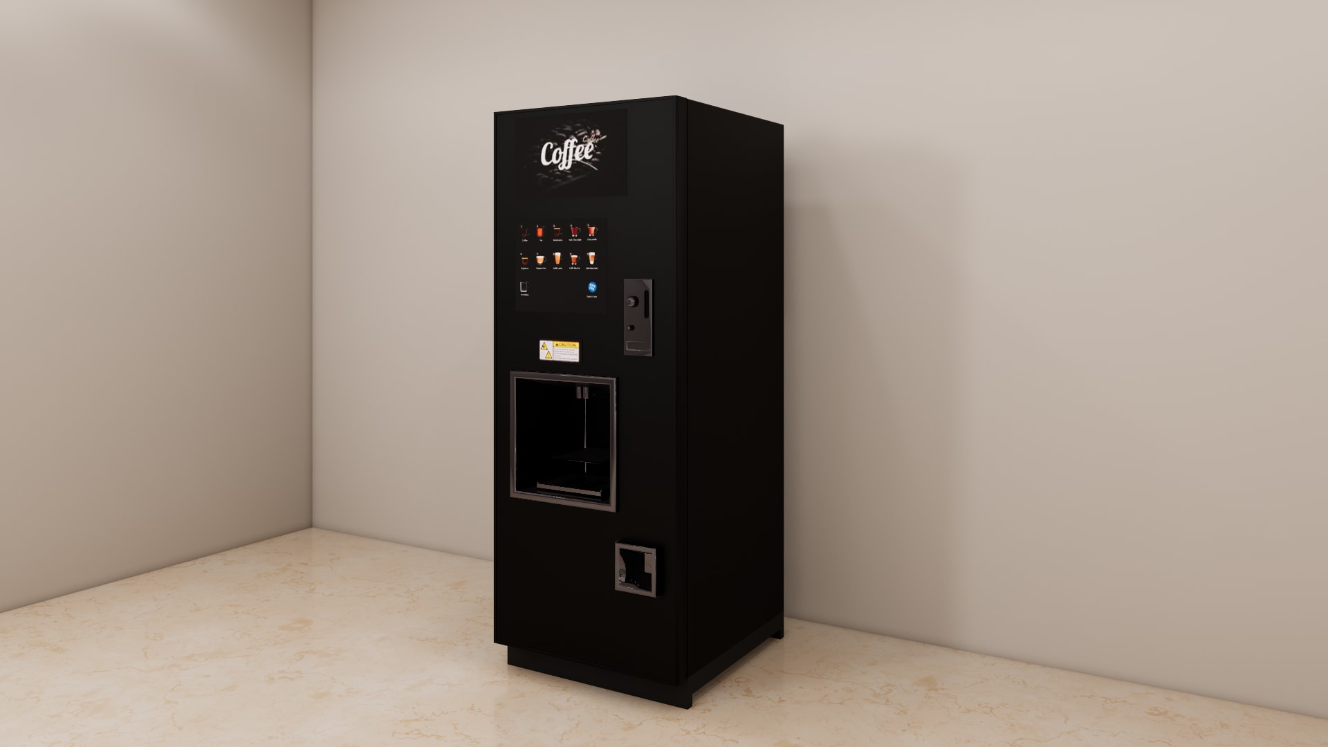 Coffee vending machine SketchUp model, close view of the coin slot, side card slot and recessed cup window