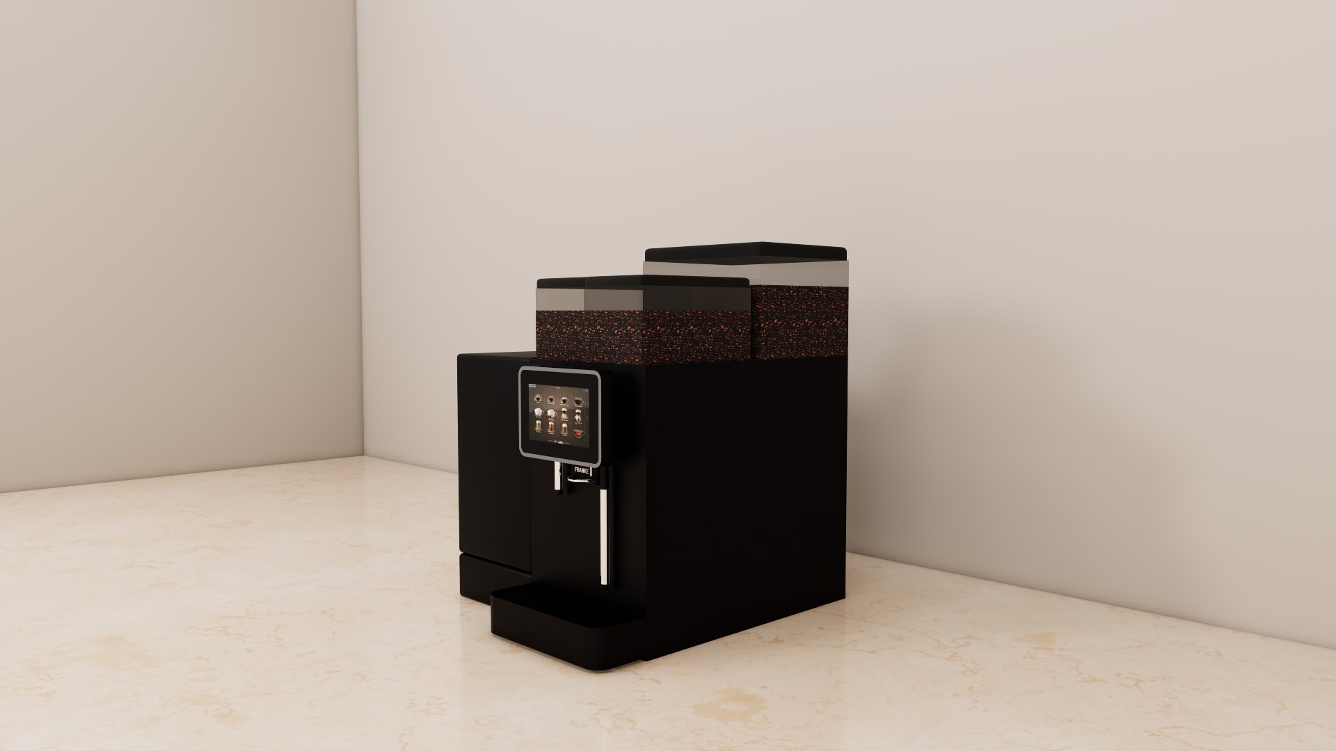 Front view of a black commercial coffee machine with twin bean hoppers, touchscreen, chrome tubes and drip tray