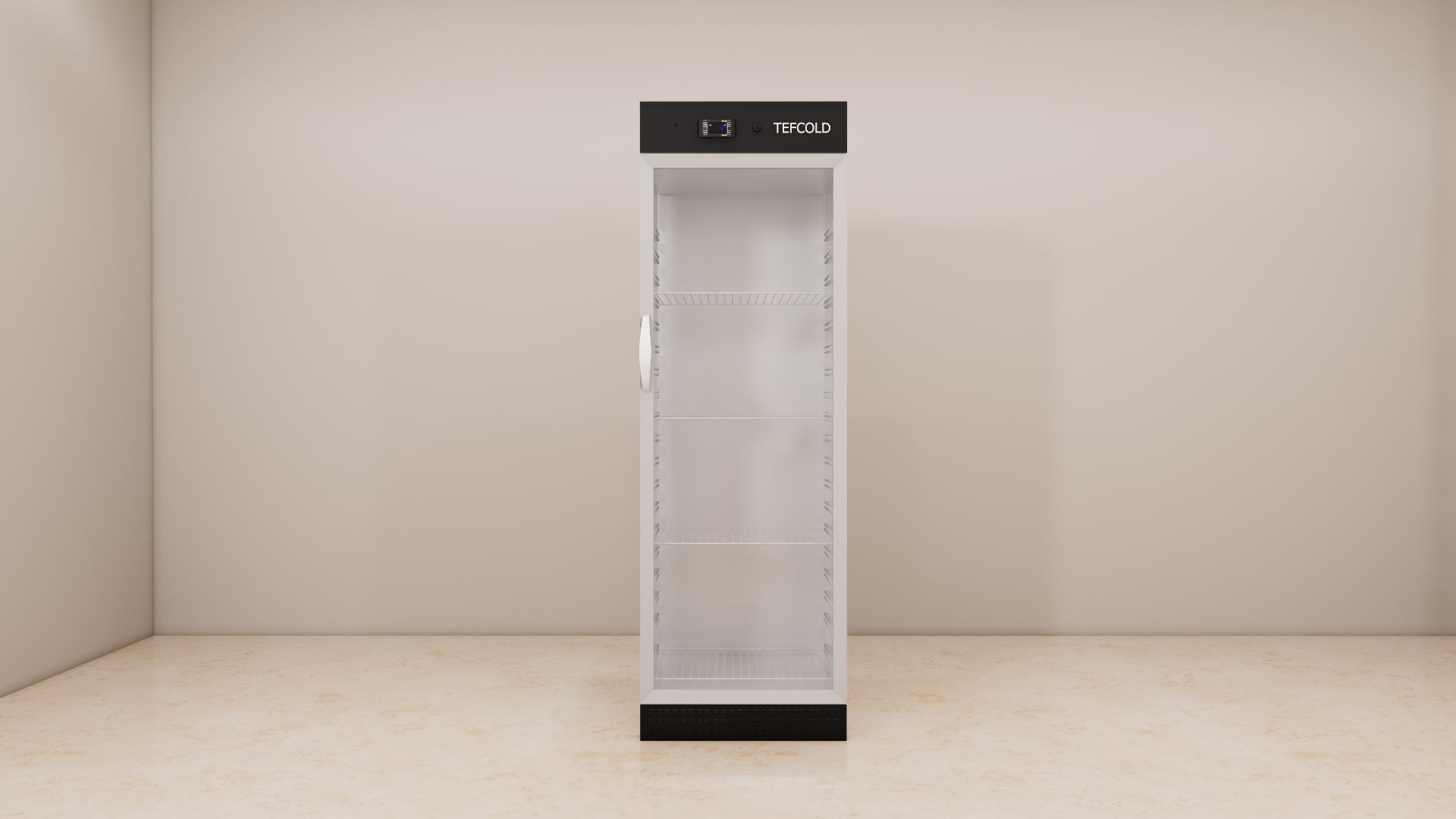 Tefcold UR400G commercial upright fridge 3D model, four wire shelves and black vented base visible