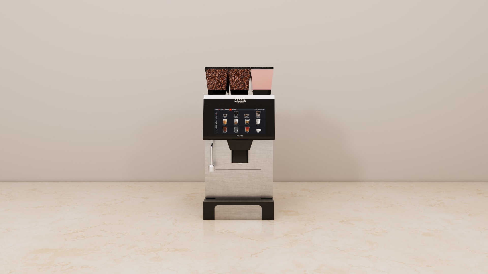 G 700 coffee machine with steamer 3D model, black base and drip tray with silver grate below the cup area
