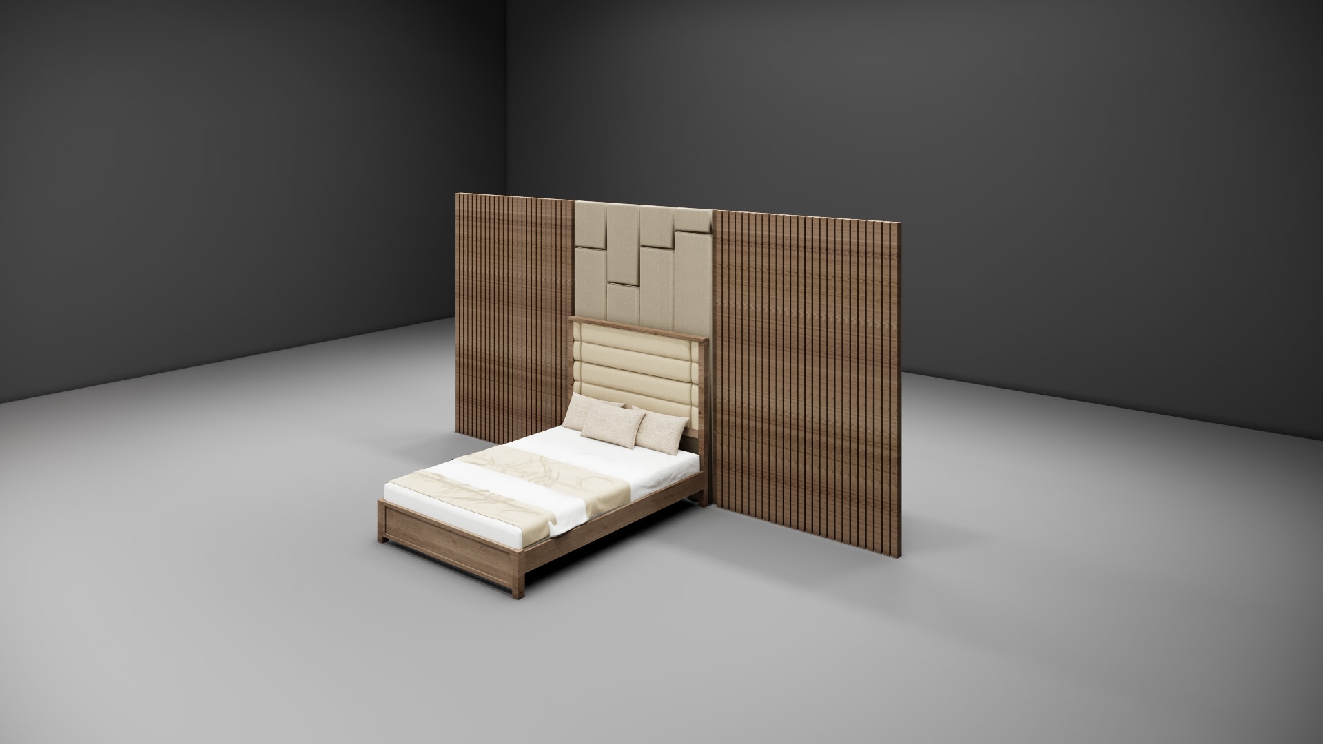 Wooden slat backpanel bed 3D model with block headboard panel and slat wall, three quarter angle