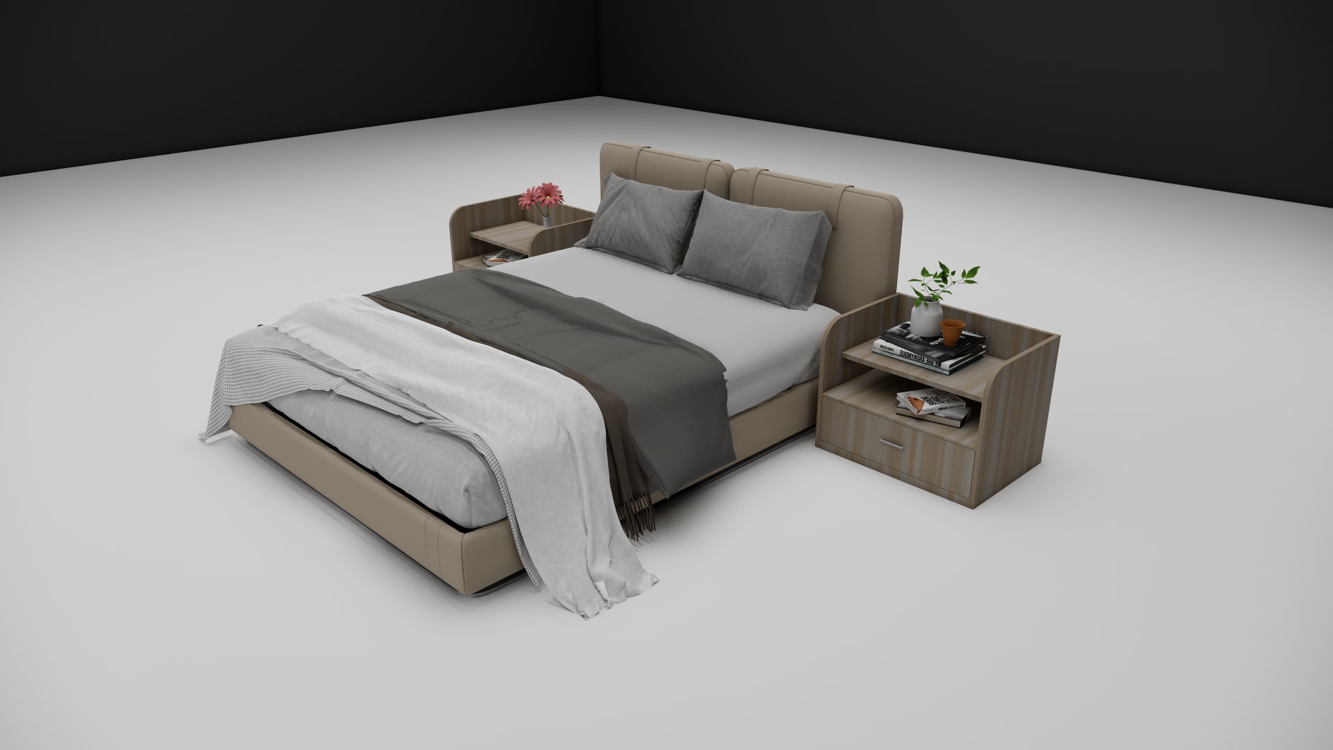 Nolan leather bed with houndstooth throw and gray pillows, side view