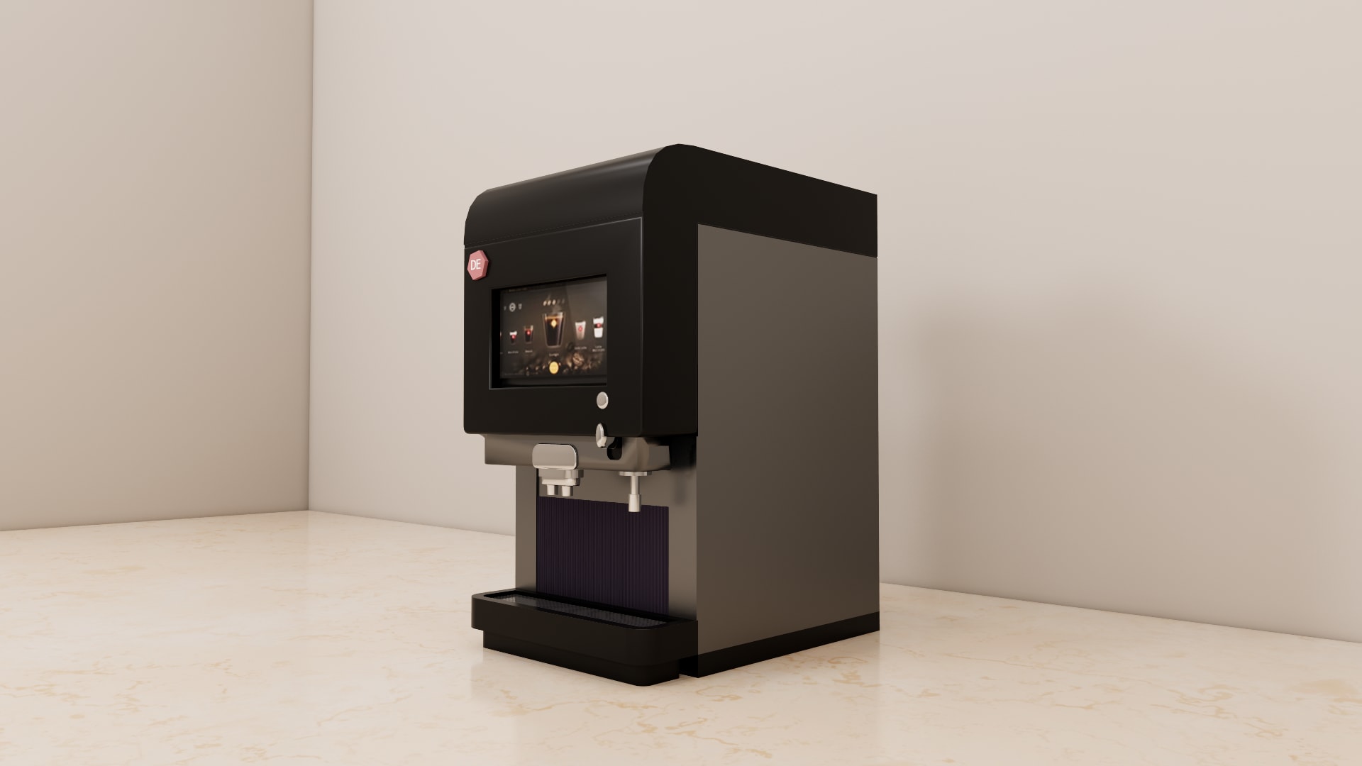 Three quarter view of a matte black touchscreen coffee machine with silver outlet block and ribbed drip tray