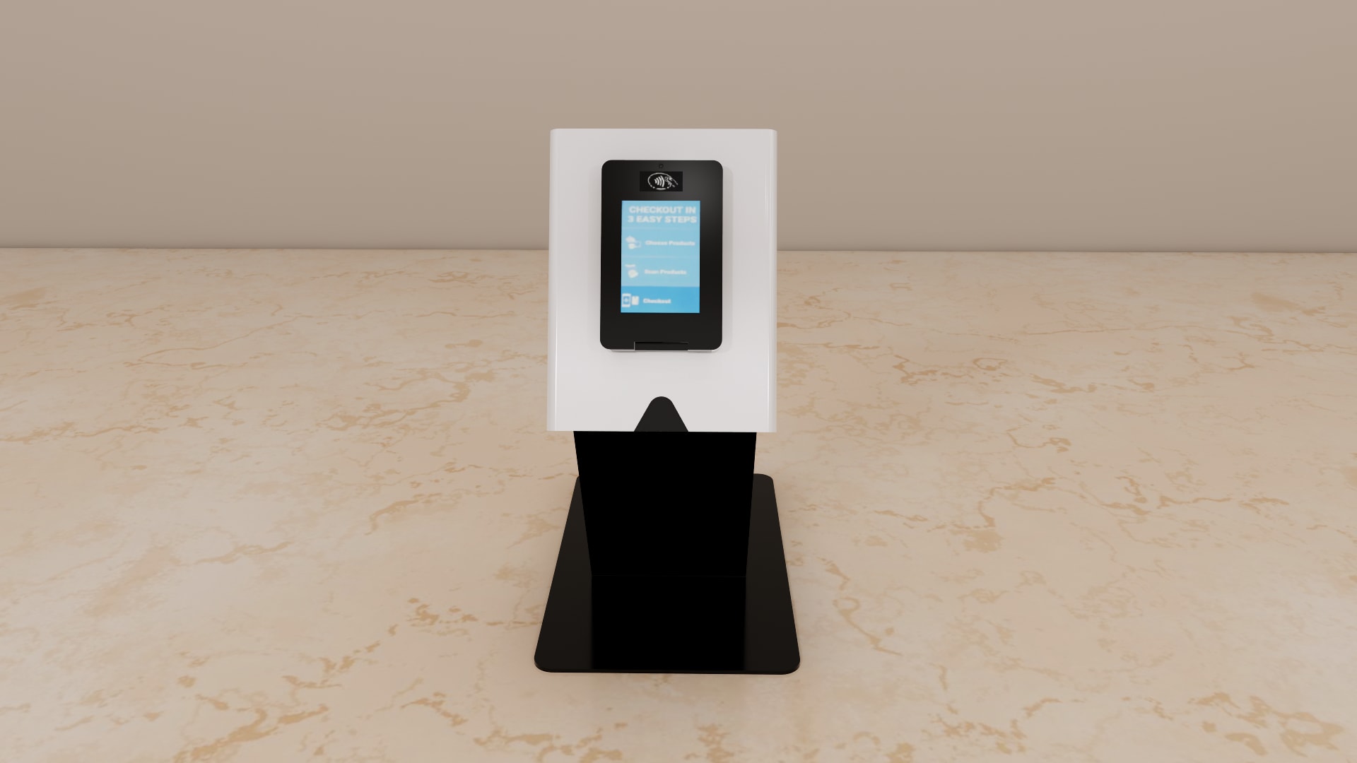 Self service kiosk 3D model, detail of the angled black pedestal stand, flat base plate, and ledge below the housing