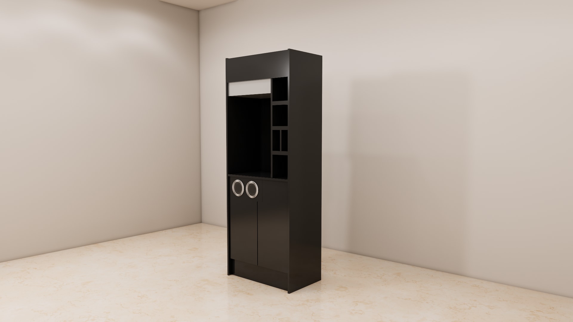 Three quarter view of a tall black coffee station cabinet with white panel strip, cubby shelves and round chro
