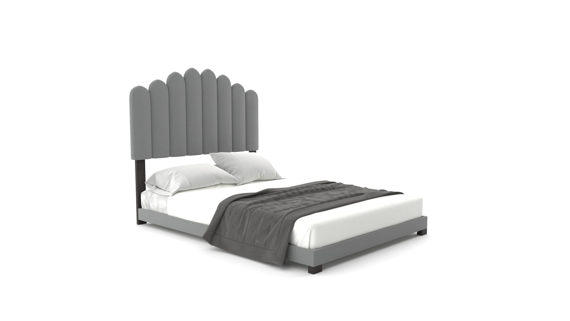 Dhugan platform bed frame on slim dark wood legs, three quarter angle