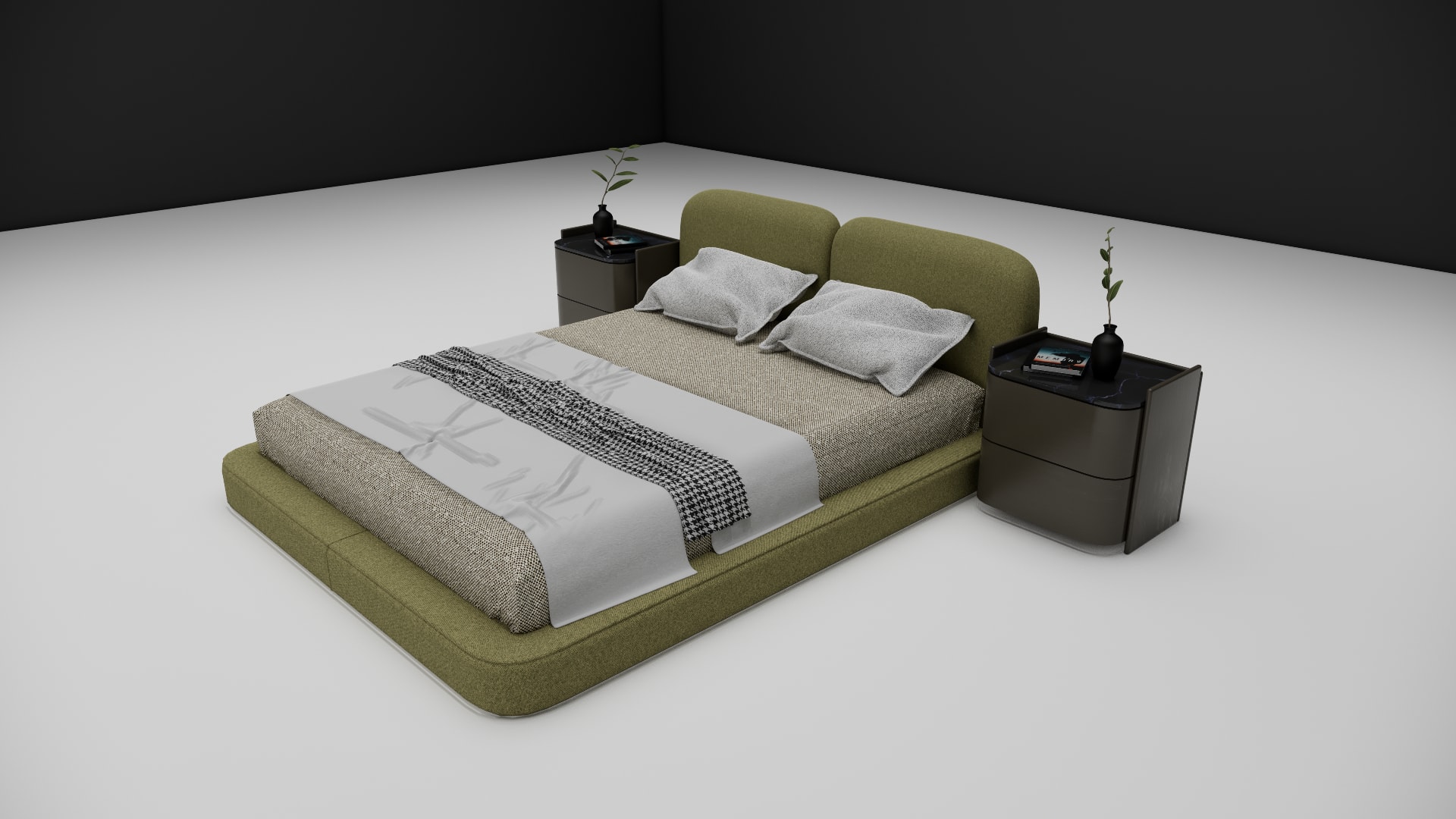 Sage bed nightstand with potted plant and stacked books, side view