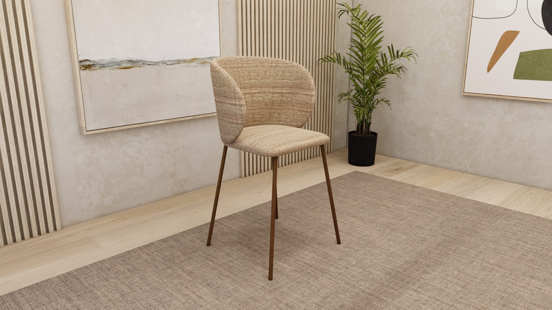 Satori curved back dining chair SketchUp model, room view with woven beige upholstery