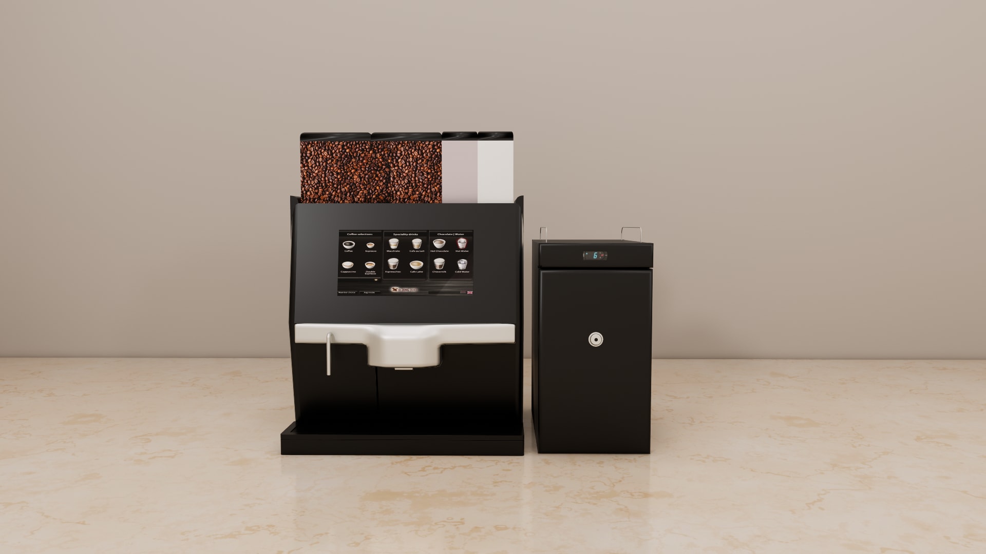 De Jong Duke Nio coffee machine 3D model, side view of the brushed silver panel with two round fittings