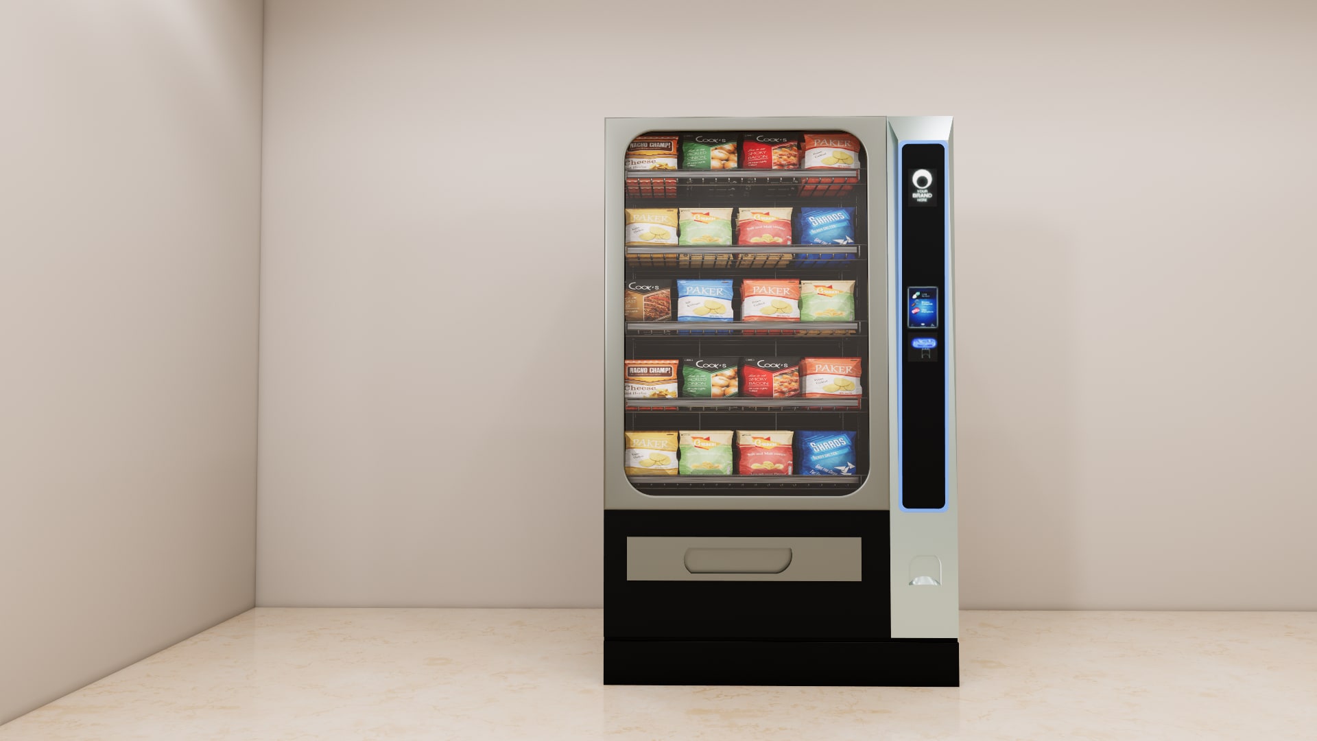 Close up of the black side panel with blue edge light, small screen, card reader and coin return on a snack