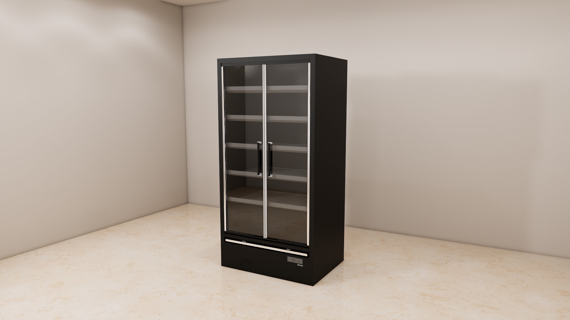 Double door fridge SketchUp model, close view of bar handles and glass doors with dark frames