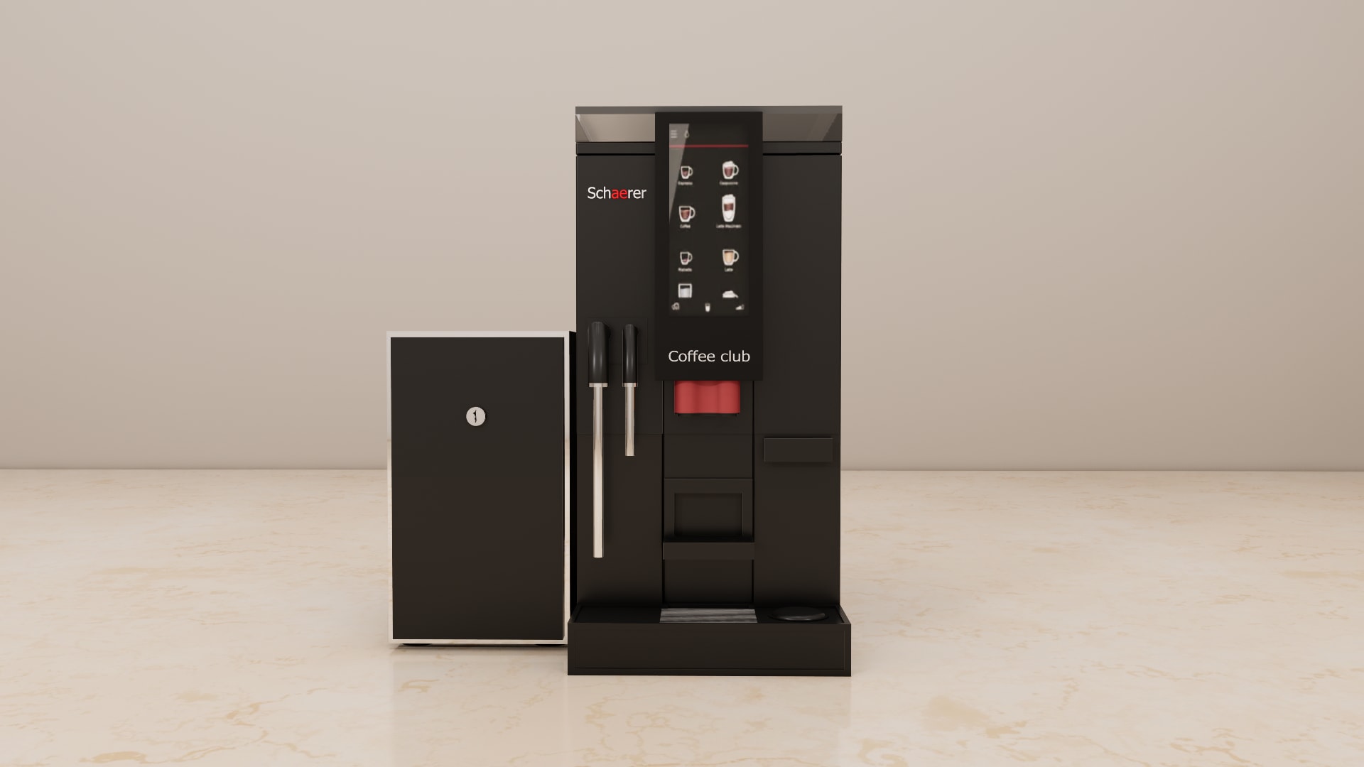 Matte black Schaerer Coffee Club coffee machine 3D model in three quarter view with twin bean hoppers on top