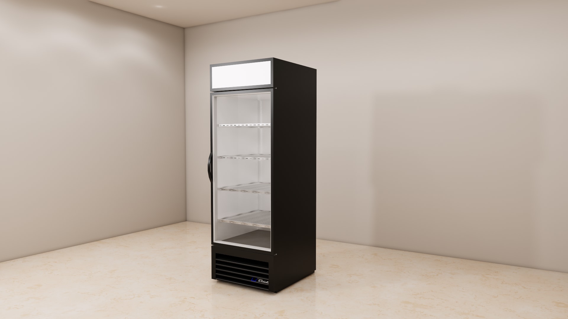 Tall black glass door refrigerator 3D model with a long vertical handle and four wire shelves inside
