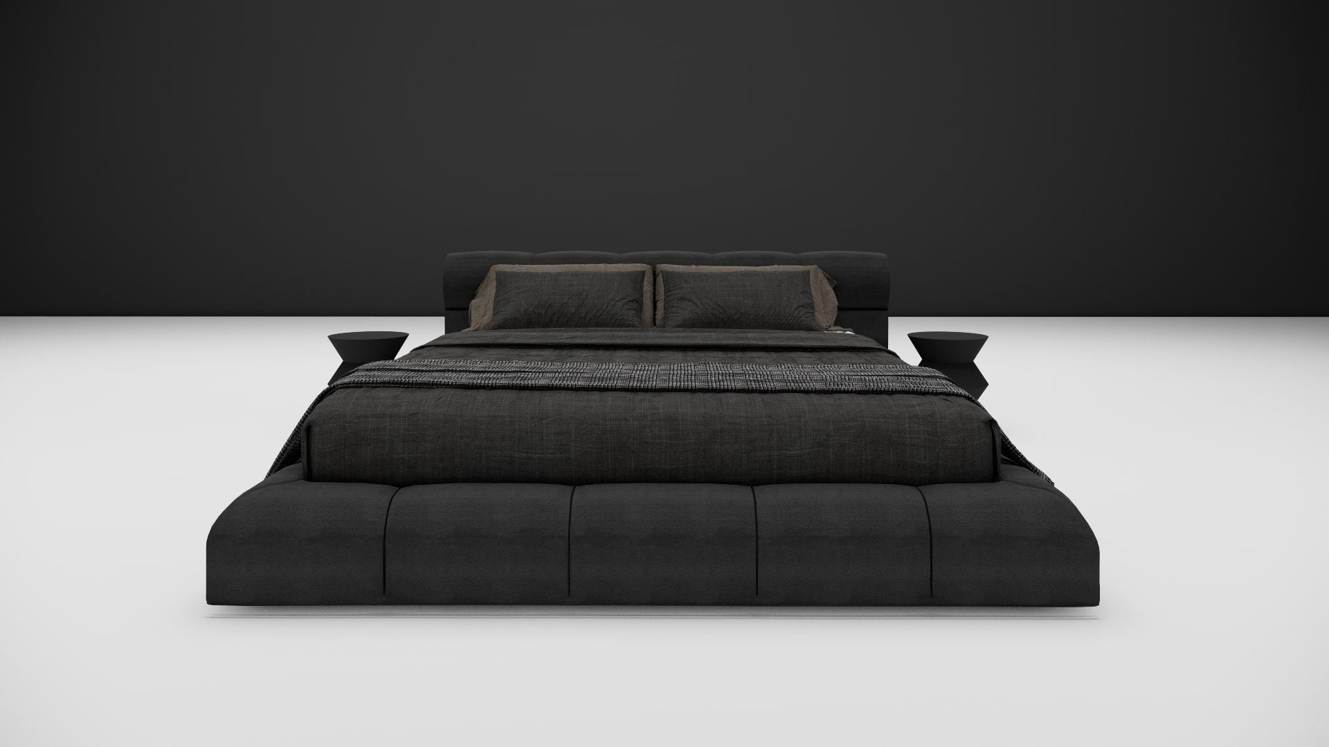 Nimbus channel tufted headboard with black and brown pillows, front view