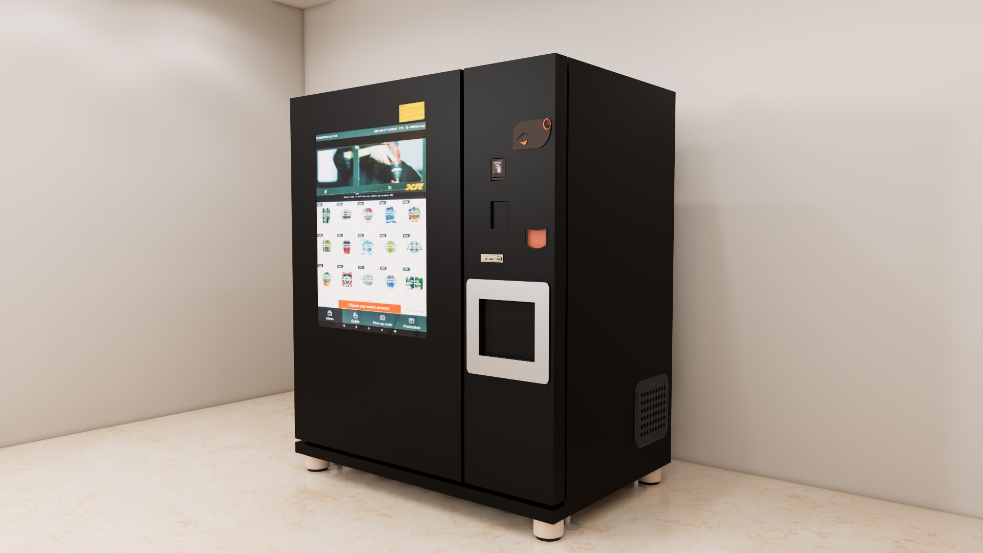 Frozen vending machine SketchUp model, close view of card and coin reader panel with grey pickup hatch