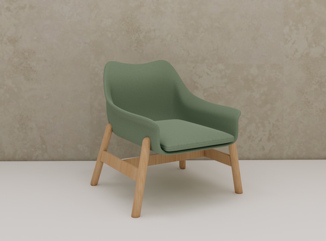 VEDBO green arm chair 3D model, side view of angled oak legs and cross rails