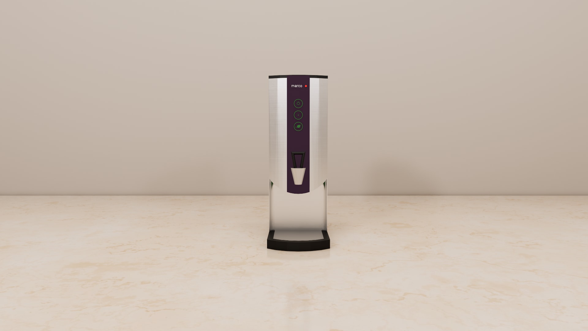 Close up of the purple control panel with three green icons and the black tap on a stainless steel water boi